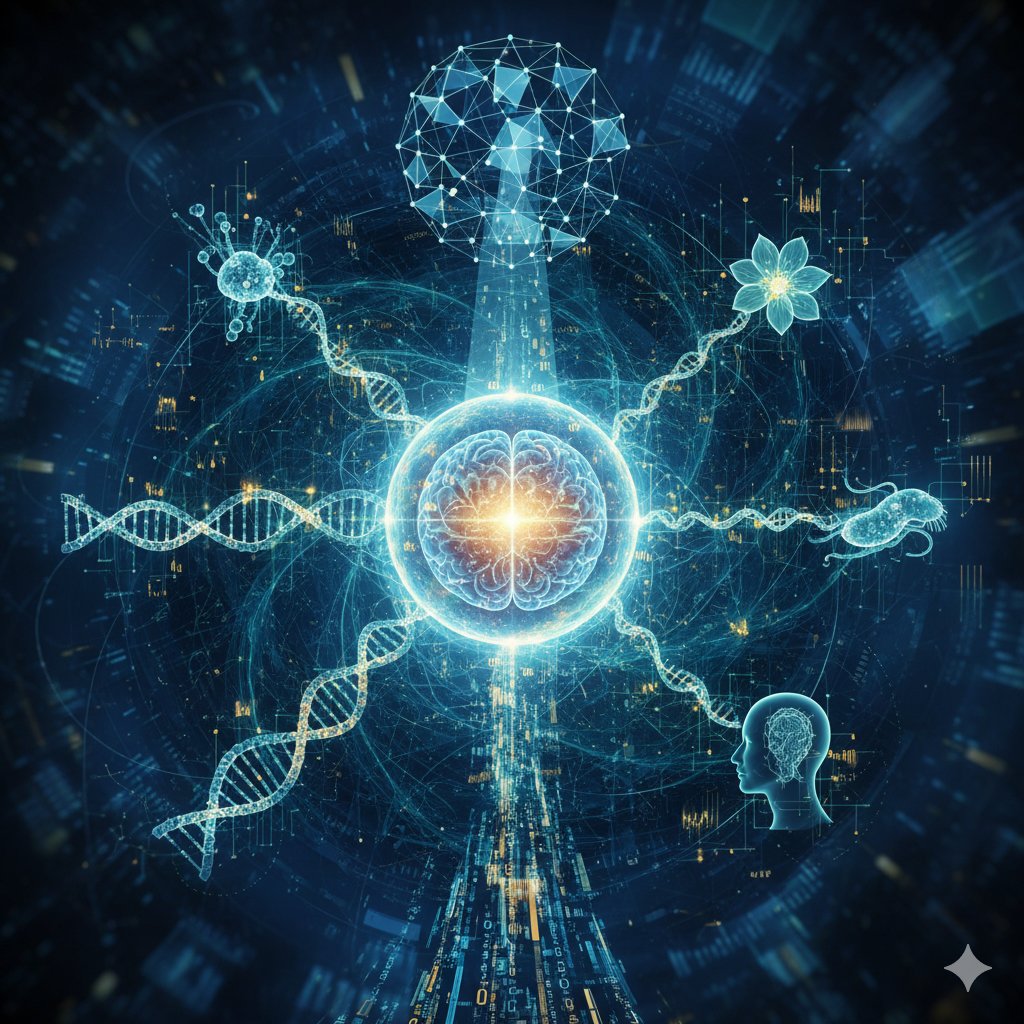 Image generated by Google's Nano Banana. Prompt: Generate an abstract image about AI-based discovery of anti-aging interventions